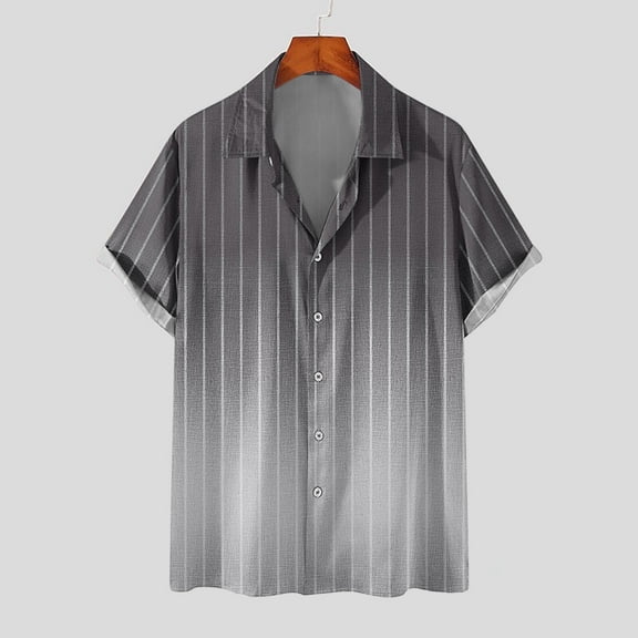 Wavsuf Mens Shirts Short Sleeve Turndown Striped Gradient Summer Gray Shirts Size 2XL