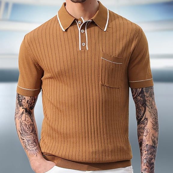 Wavsuf Mens Shirts Short Sleeve Turndown Summer Brown Shirts Size XL