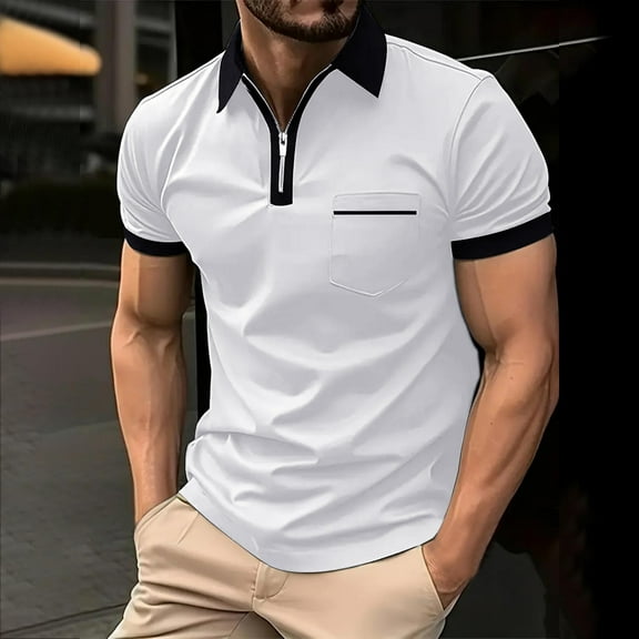 Wavsuf Mens Shirts Short Sleeve Turndown Zipper Summer White Shirts Size 2XL