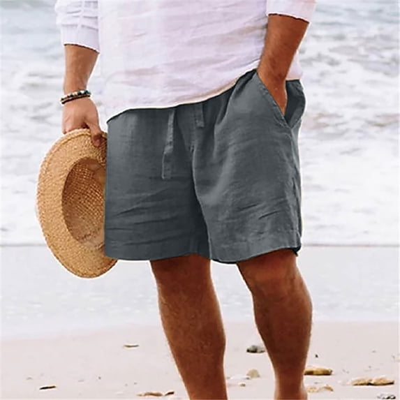Wavsuf Mens Shorts Summer Elastic Waist Cotton Linen with Pockets Dark Gray Shorts Size S