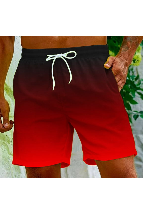 Mens Shorts Surf Beach Gradient Drawstring Elastic Waist with Pockets Summer Red Swimwear Size 3XL