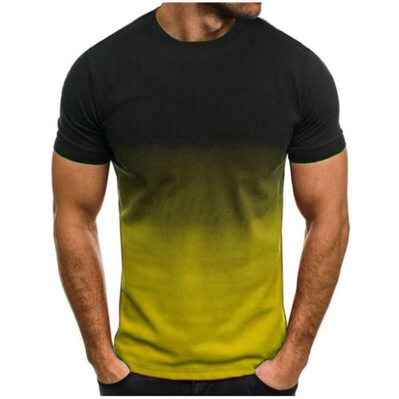 Wavsuf Mens T-Shirts Gradient Loose Crew Neck Short Sleeve Summer Yellow T-shirt Size 2XL