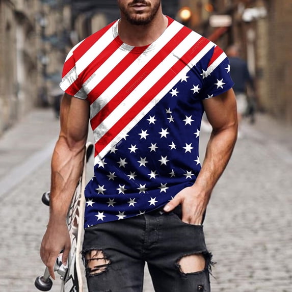 Wavsuf Mens T-Shirts Graphic Independance Day Crew Neck Summer Multicolor T-Shirts Size M