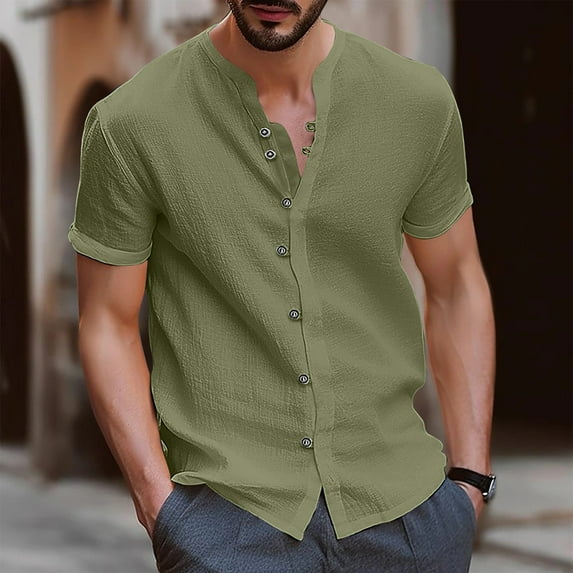 Wavsuf Mens T-Shirts V Neck Short Sleeve Cotton Linen Summer Army Green T-shirt Size M