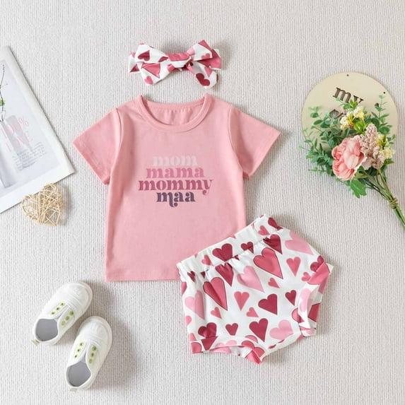 Cethrio Newborn Girl Outfits Set Comfort Shorts Short Sleeve Hairband Printed Pink Three Piece Sets Size 12-18 Months