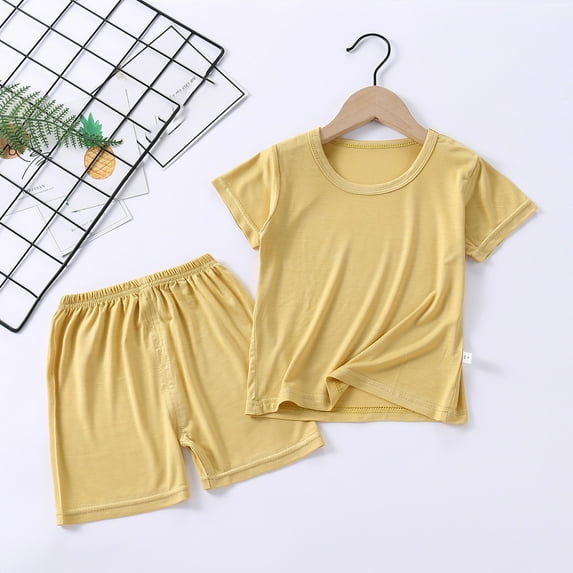 Wavsuf Newborn Outfits Set Shorts Crew Neck Solid Comfort Short Sleeve Yellow Clothes Sets Size 6-7 Years