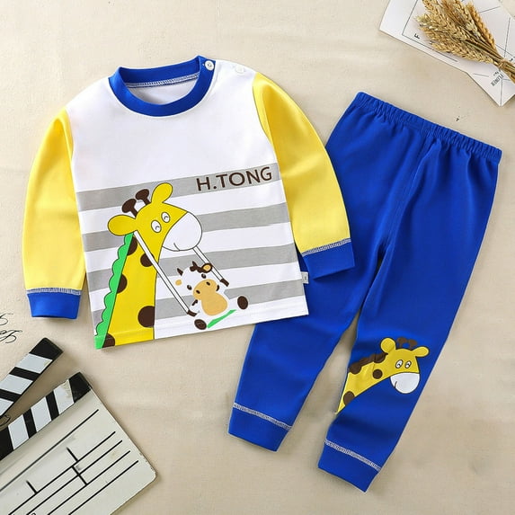 Wavsuf Outfits Set Clothes for Kids Top+Pant Striped Printed Warm Homewear Winter Blue Pajama Set Size 2 Years