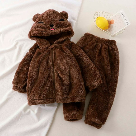 Wavsuf Outfits Set Clothes for Kids Top+Pant Zipper Warm Home Winter Brown Pajama Set Size 12-18 Months