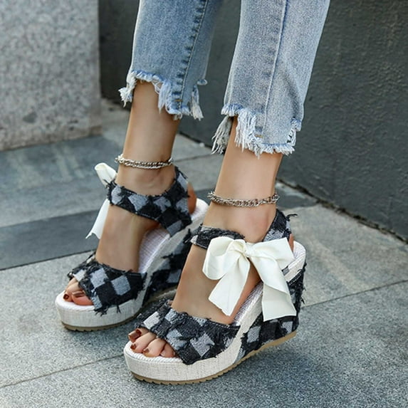 Wavsuf Platform Sandals for Women Casual Summer Solid Lacing Beach Bow Black Sandals Shoes Size 9