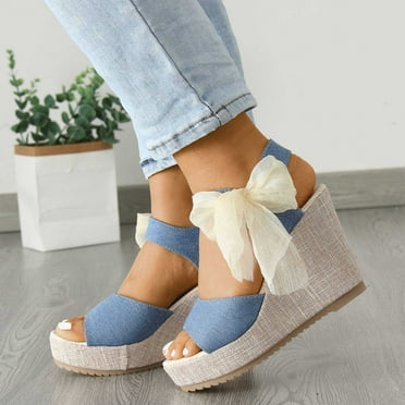 Wavsuf Platform Sandals for Women Casual Summer Solid Wide Boho Beach Bow Blue Sandals Shoes Size 6