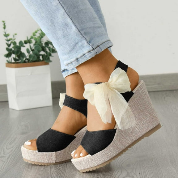 Wavsuf Platform Sandals for Women Solid Wide Boho Beach Bow Casual Summer Black Sandals Shoes Size 7