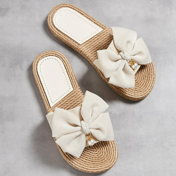 Wavsuf Pool Slides for Women Casual Summer Beach Bow Beige Slides Slippers Size 7