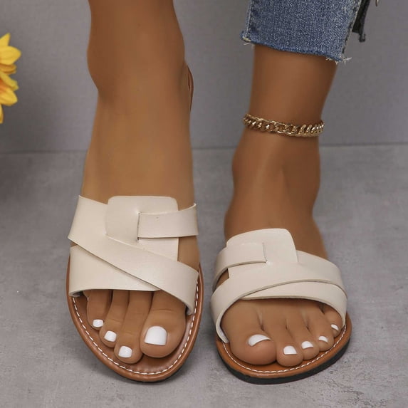 Wavsuf Slides for Women Casual Summer Solid Wide Beach Beige Slides Slippers Size 9.5