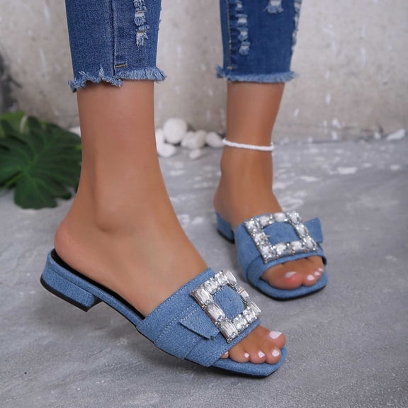 Wavsuf Slides for Women with Heel Casual Summer Wide Blue Slides Slippers Size 8.5