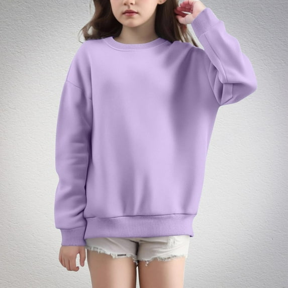 Wavsuf Sweatshirts Childrens Girls Winter Solid Color Pullover Crew Neck Motion Casual Top Purple Size 9 Years