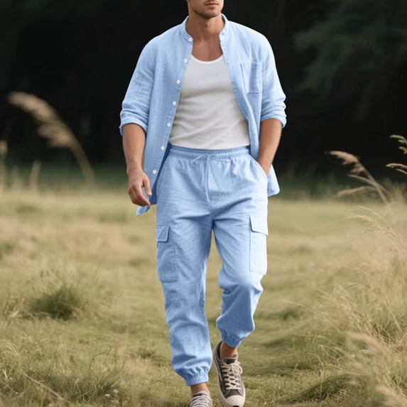 Wavsuf Sweatsuits 2pcs Sets Mens Jogger Set Long Loose Cotton Shirt Sweatshirt and Sweatpants Light Blue Size M