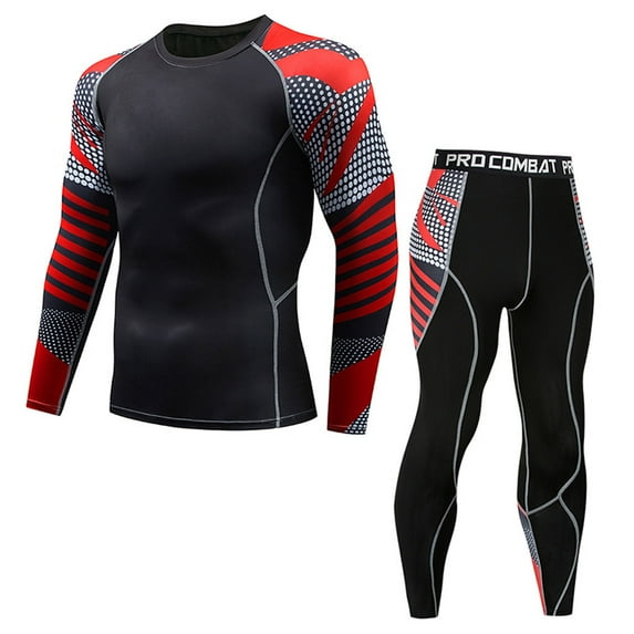 Wavsuf Sweatsuits 2pcs Sets Mens Jogger Set Long Motion Bodybuilding Ventilation Tight Shirt Sweatshirt and Sweatpants Red Size S