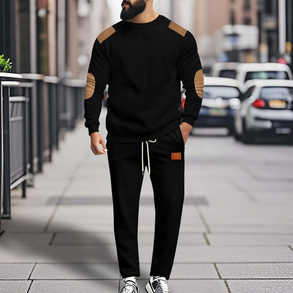 Wavsuf Sweatsuits 2pcs Sets Mens Jogger Set Long Motion Tight Drawstring Simplicities Shirt Sweatshirt and Sweatpants Black Size L