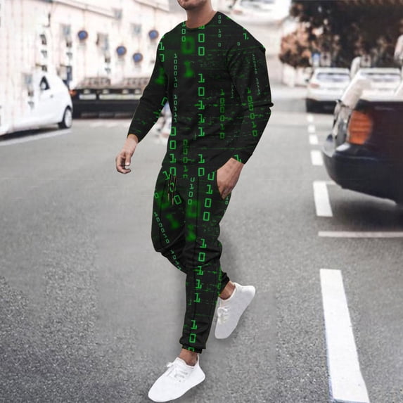 Wavsuf Sweatsuits 2pcs Sets Mens Jogger Set Long New Motion Digital Shirt Sweatshirt and Sweatpants Green Size M