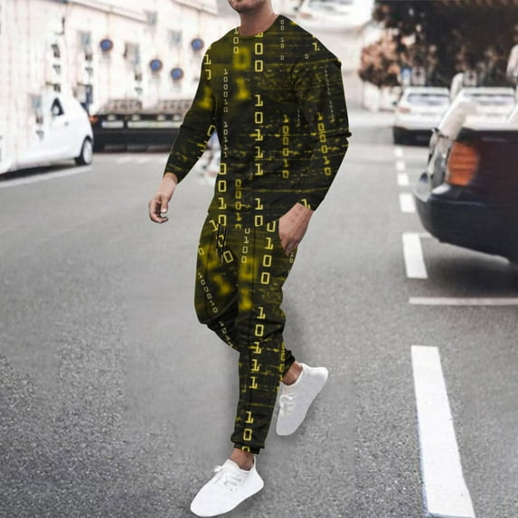 Wavsuf Sweatsuits 2pcs Sets Mens Jogger Set Long New Motion Digital Shirt Sweatshirt and Sweatpants Yellow Size M