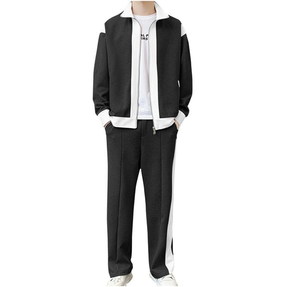 Wavsuf Sweatsuits 2pcs Sets Mens Jogger Set Long Pocket Zipper Drawstring Shirt Jacket and Sweatpants Black Size 4XL