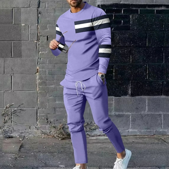 Wavsuf Sweatsuits 2pcs Sets Mens Jogger Set Long Tight Shirt Sweatshirt and Sweatpants Purple Size XL