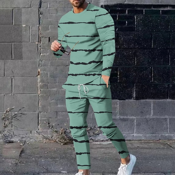 Wavsuf Sweatsuits 2pcs Sets Mens Jogger Set Long Tight Stripe Shirt Sweatshirt and Sweatpants Green Size 5XL