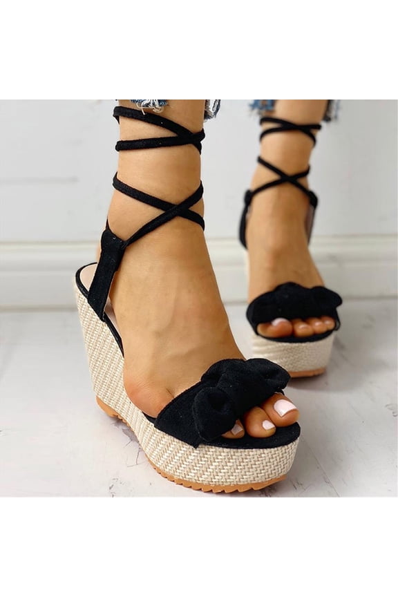 Wedge Sandals for Women Casual Summer Solid Bow Black Sandals Shoes Size 7