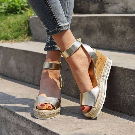 Wavsuf Wedge Sandals for Women Casual Summer Wide Vintage Gold Sandals Shoes Size 7.5