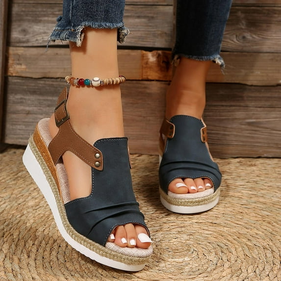 Wavsuf Wedge Sandals for Women Solid Beach Casual Summer Navy Sandals Shoes Size 8.5
