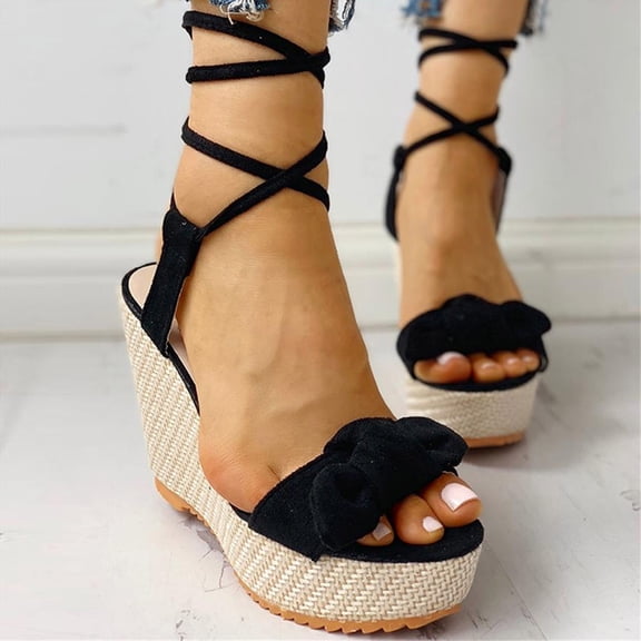 Wavsuf Wedge Sandals for Women Solid Bow Casual Summer Black Sandals Shoes Size 6
