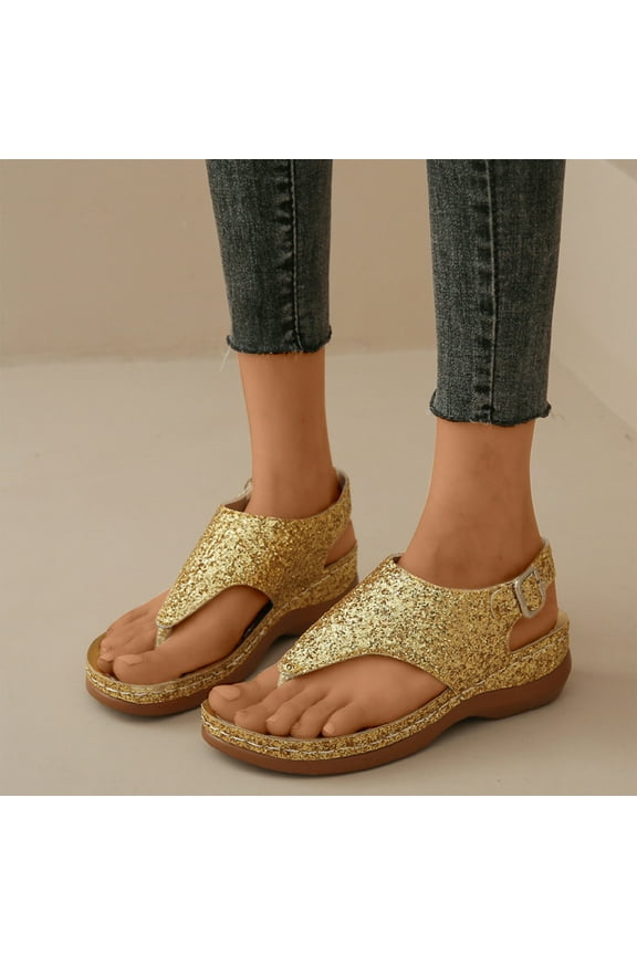 Wedge Sandals for Women Solid Wide Casual Summer Gold Thong Sandals Size 6.5
