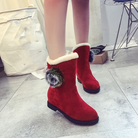 Wavsuf Western Boots for Women Horses Flock Round Toe with Fuzz Vintage Mid Calf Red Shoes Size 39