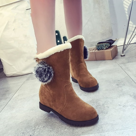 Wavsuf Western Boots for Women Horses with Fuzz Vintage Round Toe Mid Calf Flock Yellow Shoes Size 36