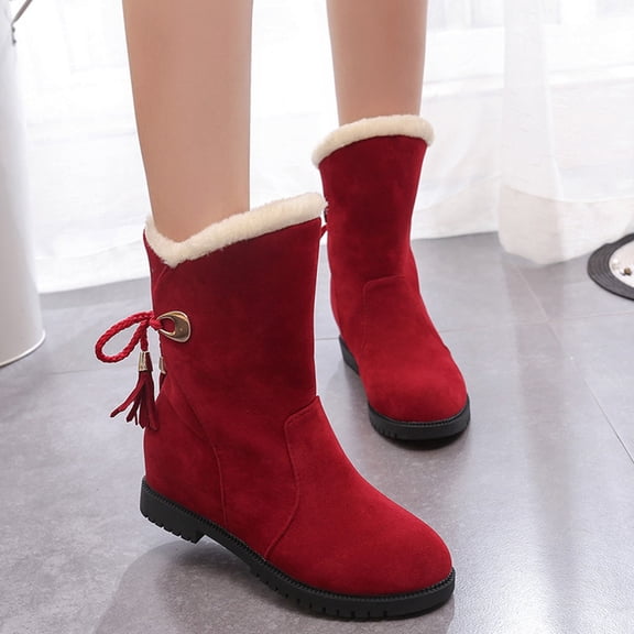 Wavsuf Western Boots for Women Lace Up Vintage Flock Round Toe Mid Calf Red Shoes Size 37