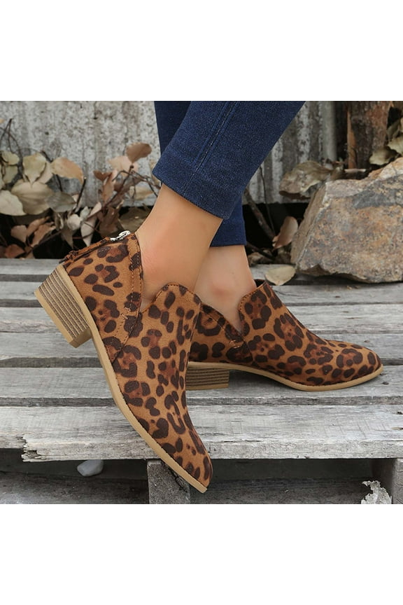 Western Boots for Women Leopard Short Ankle-High Winter Low Heel Coffee Shoes Size 40
