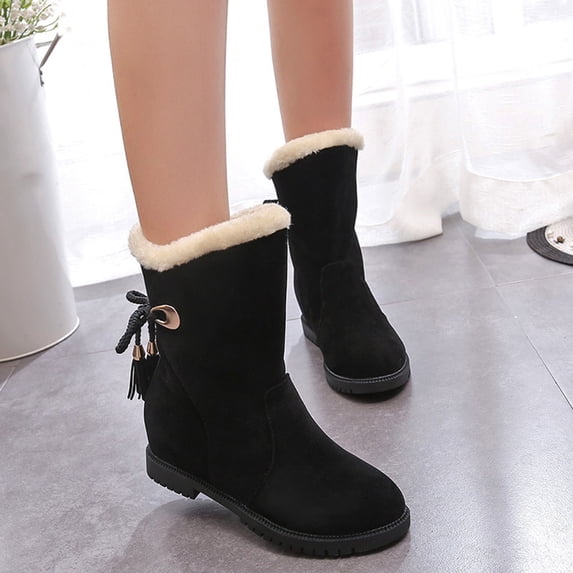 Wavsuf Western Boots for Women Mid Calf Lace Up Vintage Round Toe Flock Black Shoes Size 35