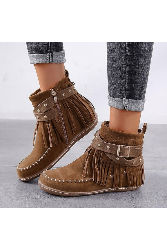 Western Boots for Women Wide Calf Flock Flat Fringes Short Ankle-High Winter Brown Shoes Size 39