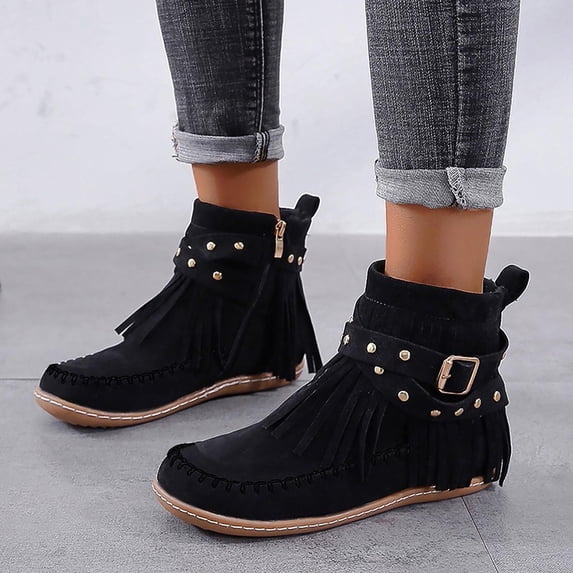 Wavsuf Western Boots for Women Wide Calf Fringes Short Ankle-High Winter Flat Flock Black Shoes Size 38