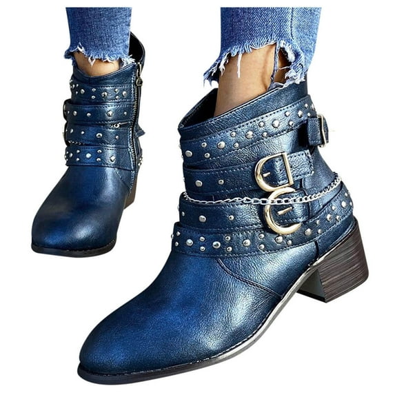 Wavsuf Western Boots for Women Wide Calf Short Ankle-High Vintage Winter Blue Shoes Size 37
