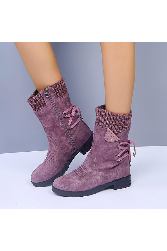 Western Boots for Women Wide Calf Winter Low Heel Mid Calf Tie Hip Purple Shoes Size 41