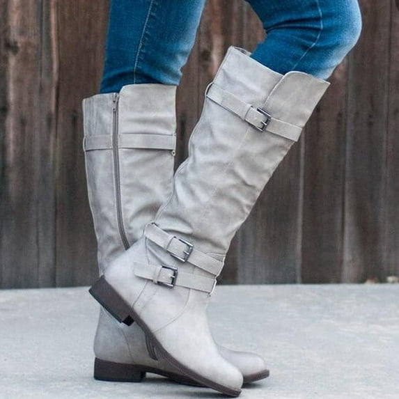 Wavsuf Western Boots for Women with Zipper Round Toe Mid Calf White Shoes Size 37