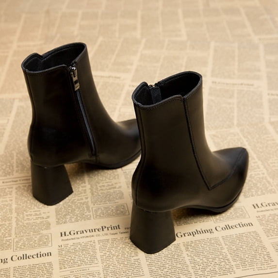Wavsuf Winter Boots for Women Wide All-Match Short Ankle-High Square Toe Black Shoes Size 40