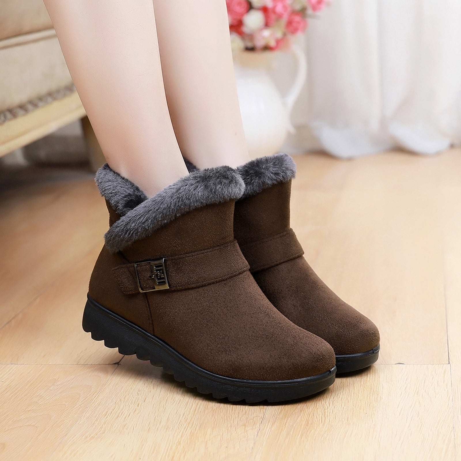 Wavsuf Winter Boots for Women Wide Chunky with Zipper Thermal Slip Resistant Oversized Clearance Short Ankle High Brown Shoes Size 37 Walmart