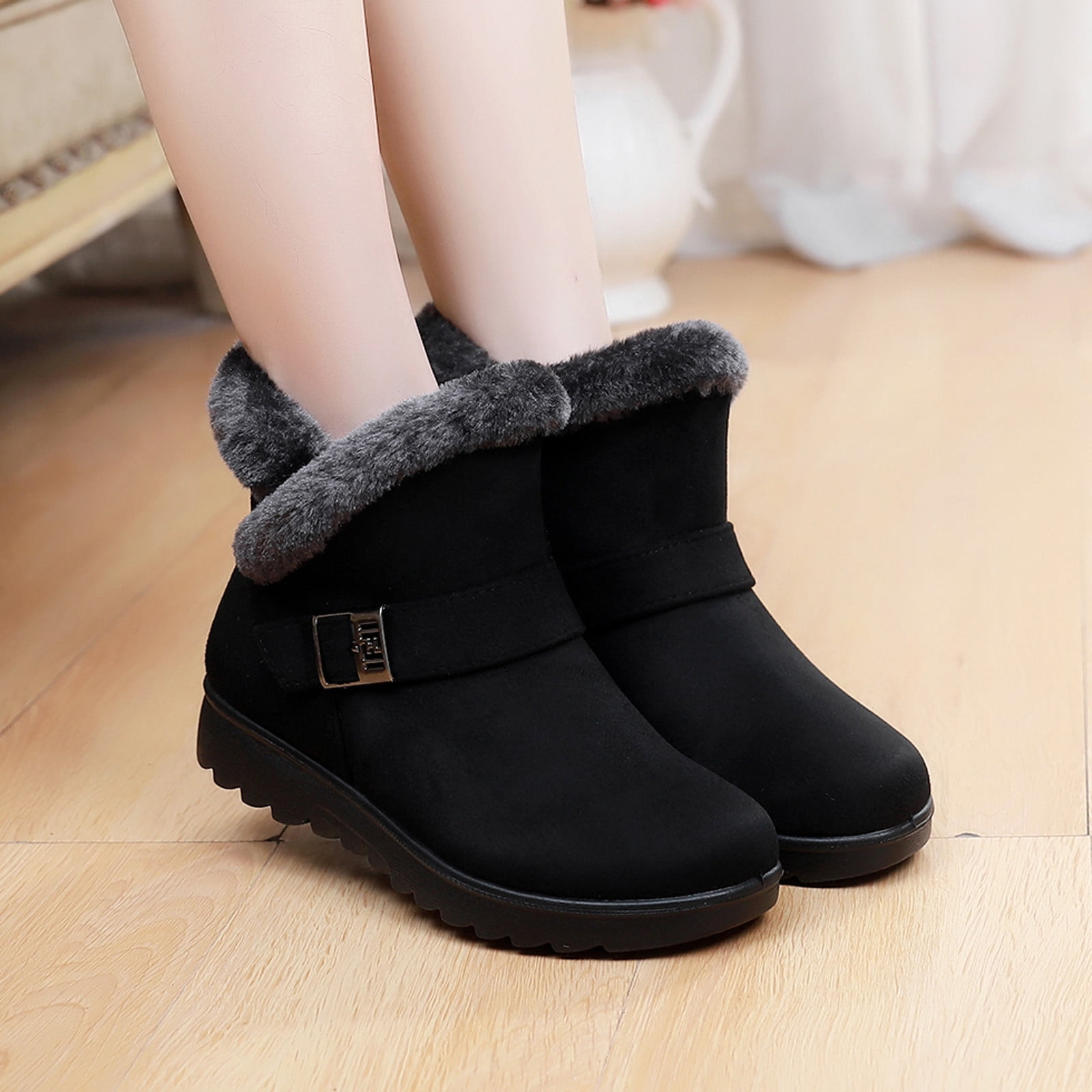 Wavsuf Winter Boots for Women Wide Clearance Chunky with Zipper Thermal Slip Resistant Oversized Short Ankle-High Black Shoes Size 43