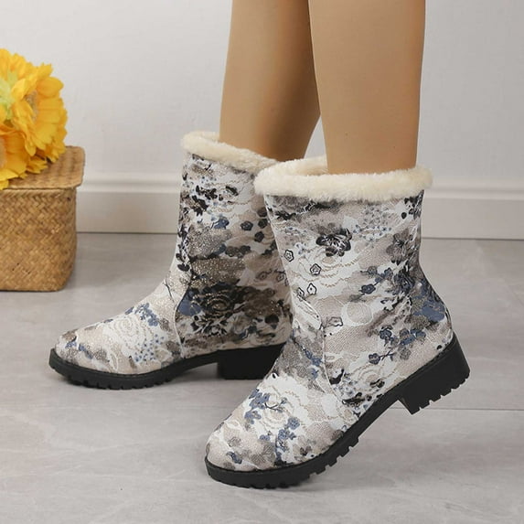 Wavsuf Winter Boots for Women Wide Mid Calf Printed with Fuzz Vintage Beige Shoes Size 37