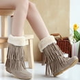 thumbnail image 1 of Wavsuf Winter Boots for Women Wide Flock Round Toe Fringes with Fuzz Mid Calf Flat Beige Shoes Size 38, 1 of 5