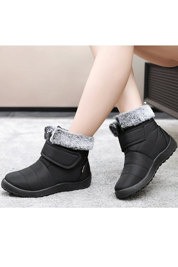 Winter Boots for Women Wide Mid Calf Waterproof Chunky Thermal with Fuzz Black Shoes Size 42