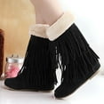 thumbnail image 1 of Wavsuf Winter Boots for Women Wide Round Toe Fringes with Fuzz Flat Mid Calf Flock Black Shoes Size 40, 1 of 6