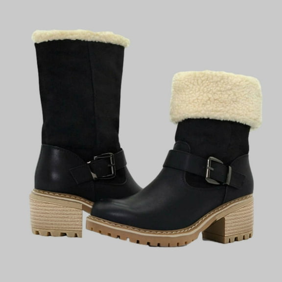 Wavsuf Winter Boots for Women Wide with Fuzz Oversized Mid Calf Low Heel Black Shoes Size 42